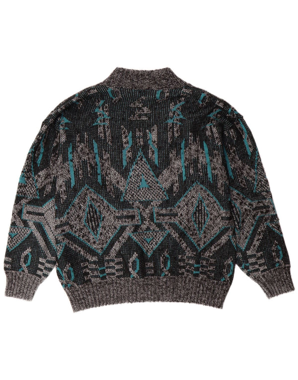 VINTAGE Mens V-Neck Jumper Sweater Large Grey Geometric
