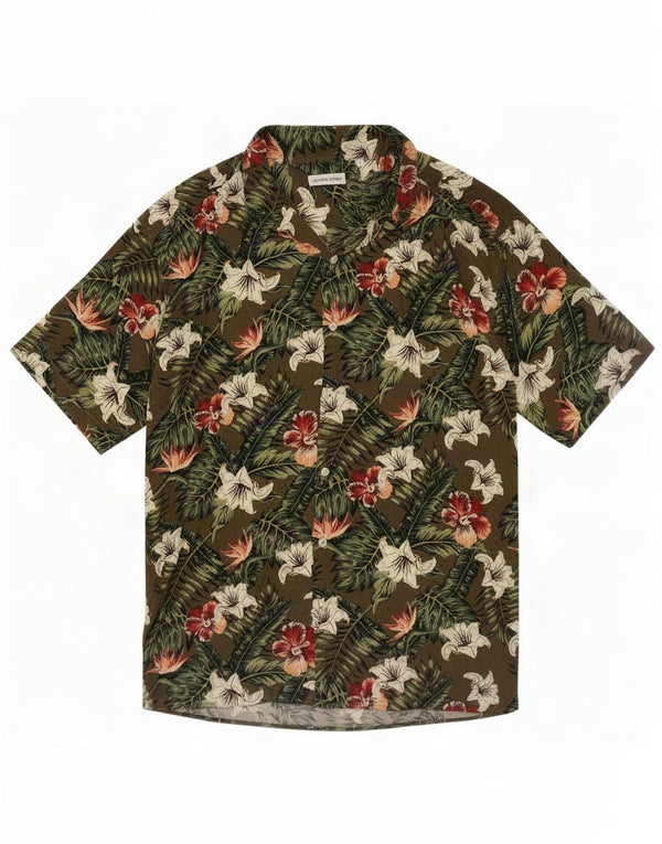 Jack & Jones Mens Hawaiian Short Sleeve Shirt Large Khaki Floral Viscose