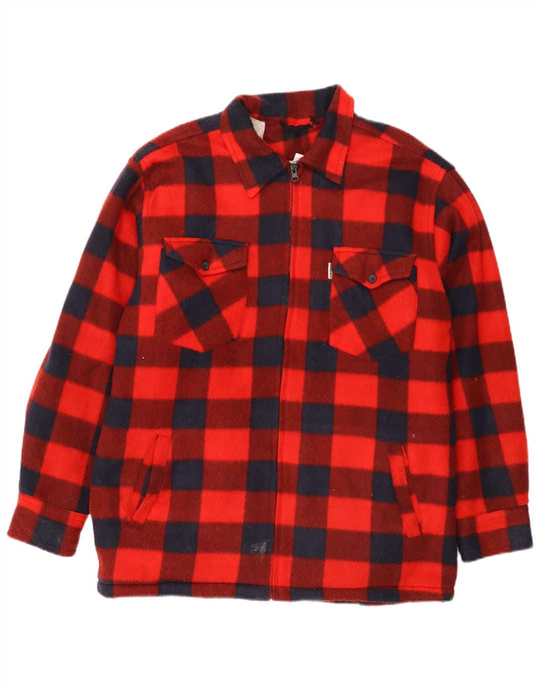 Vintage Mens Fleece Lumberjack Shirt Large Red Gingham Polyester