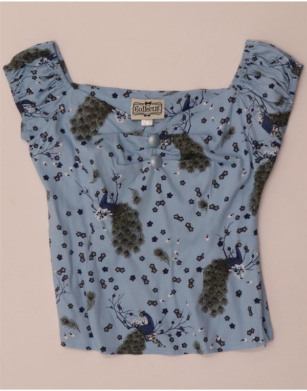 Collectif Womens Crop Blouse Top UK 14 Medium Blue Animal Print Cotton