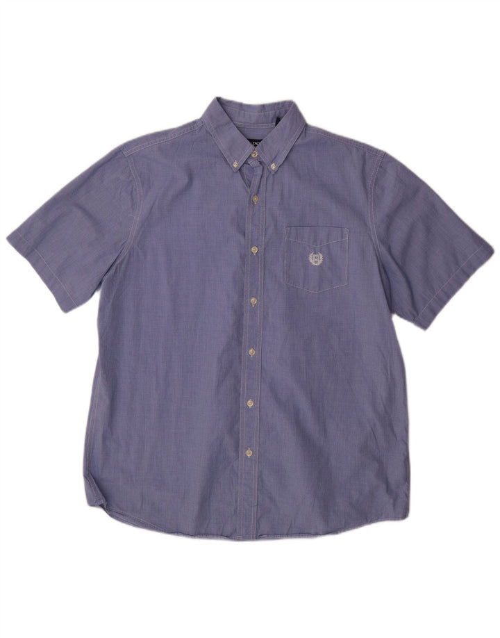 Chaps Mens Short Sleeve Shirt Large Blue Houndstooth Cotton