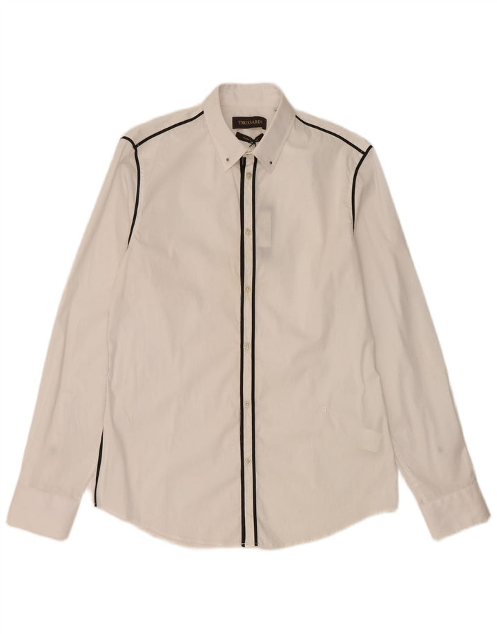 Trussardi Mens Shirt Size 40 Medium White Striped Cotton