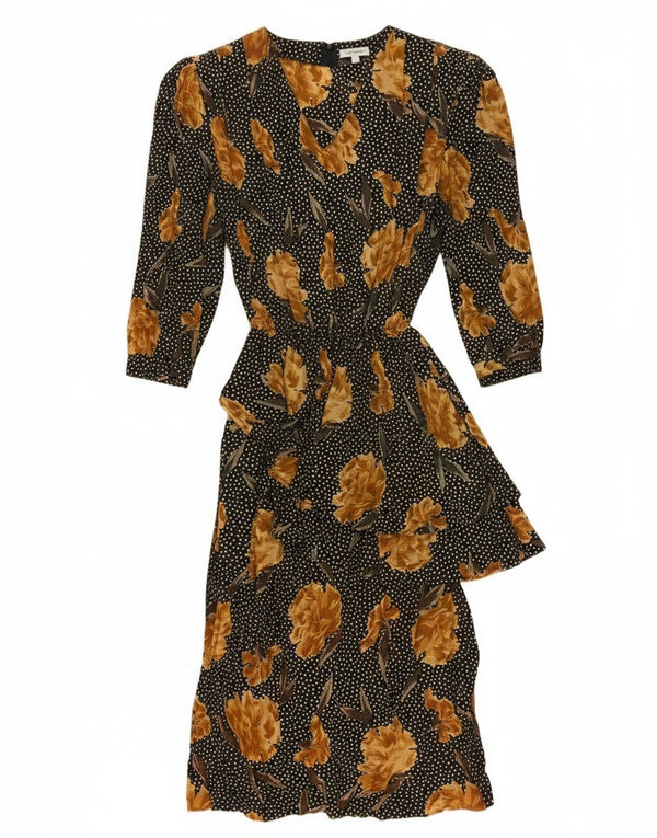 Vintage Womens 3/4 Sleeve Maxi Dress UK 16 Large Black Floral Acetate