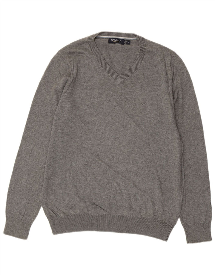 NAUTICA Mens V-Neck Jumper Sweater Small Grey Cotton
