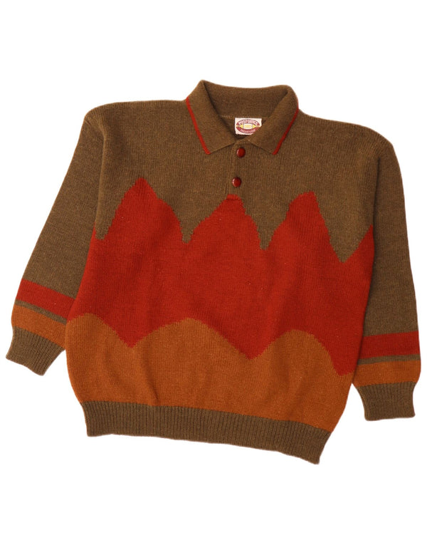 Vintage Mens Polo Neck Jumper Sweater Large Brown Colourblock Alpaca Wool