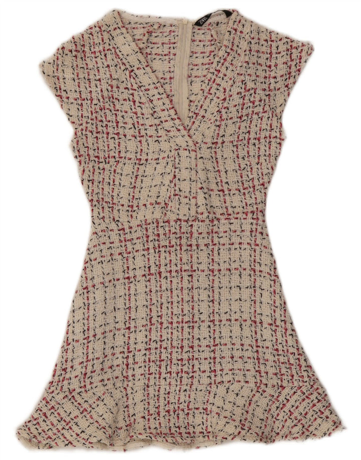 Zara Womens A-Line Dress UK 8 Small Beige Check