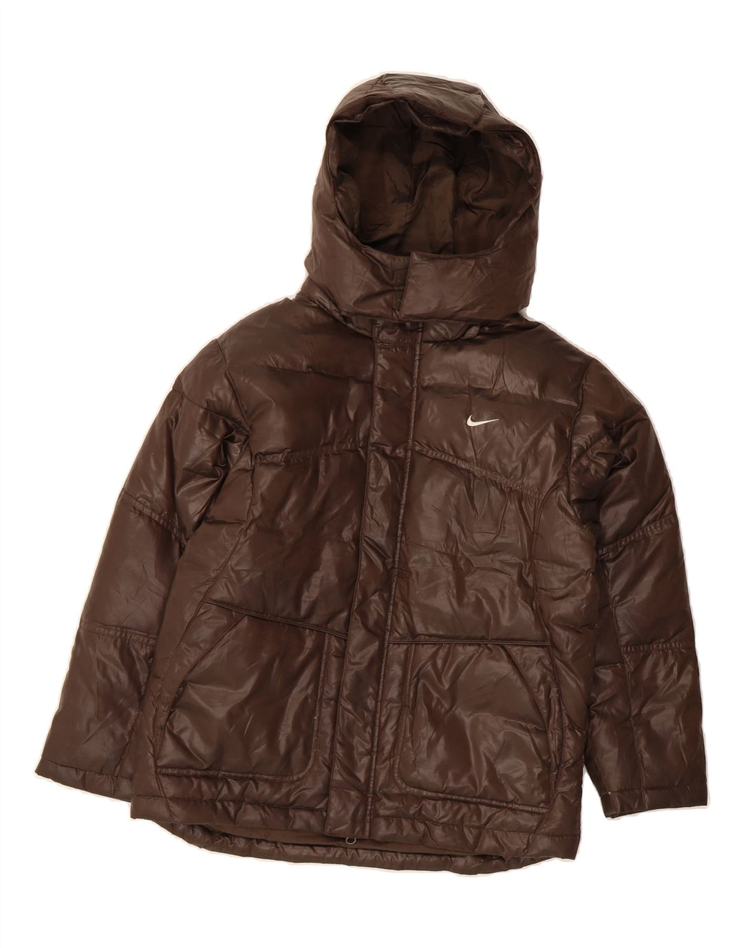 NIKE Boys Hooded Padded Jacket 10-11 Years Medium Brown Polyester Vintage Nike and Second-Hand Nike from Messina Hembry 