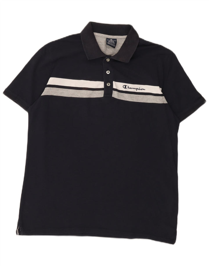 Champion Mens Polo Shirt Large Navy Blue Striped Cotton