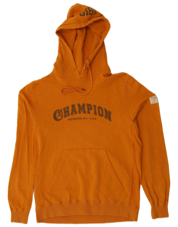 Champion Mens Graphic Hoodie Jumper Large Yellow Cotton