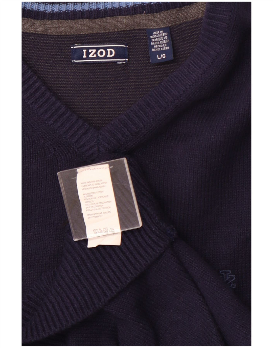 IZOD Mens V-Neck Jumper Sweater Large Navy Blue Cotton