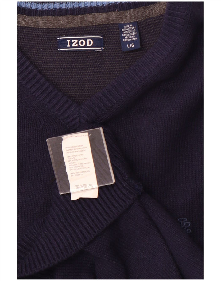IZOD Mens V-Neck Jumper Sweater Large Navy Blue Cotton