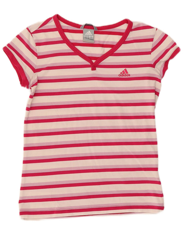 Adidas Womens Climalite T-Shirt Top UK 12 Medium Pink Striped Cotton
