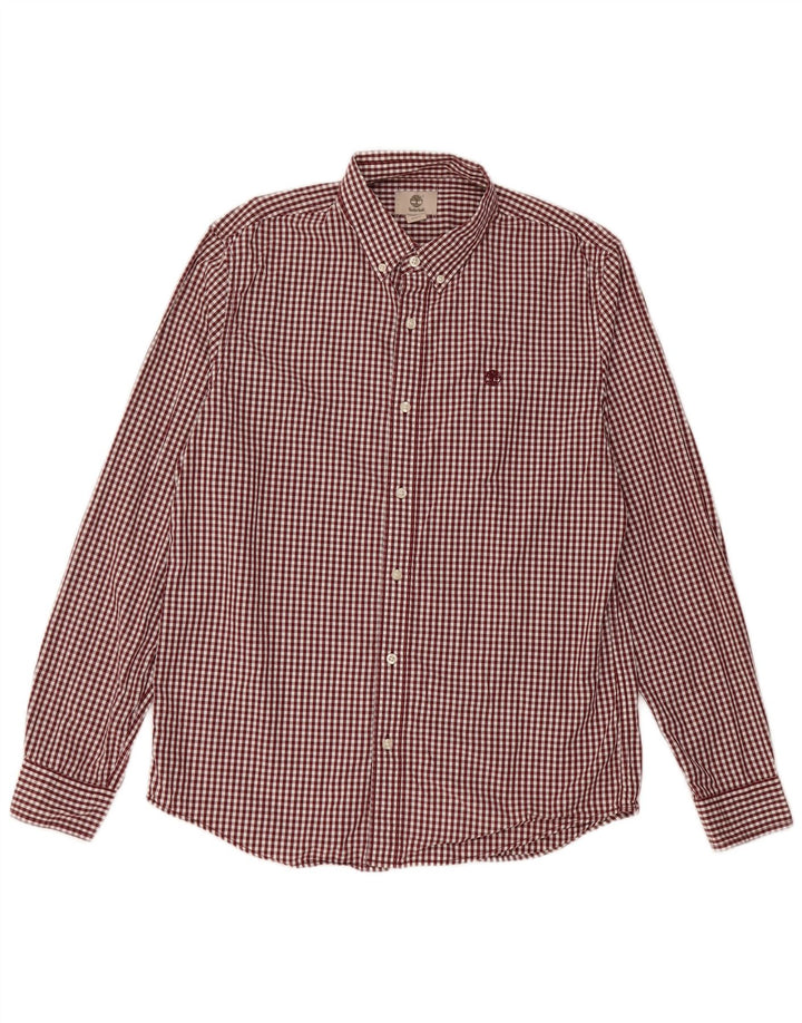Timberland Mens Slim Fit Shirt Large Maroon Gingham Cotton