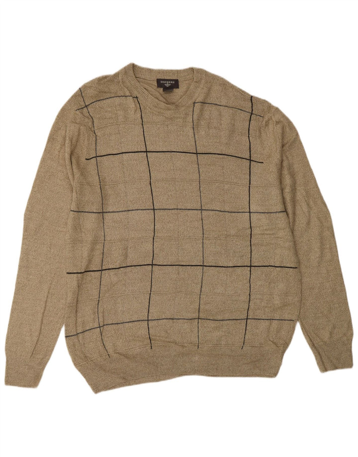 DOCKERS Mens Crew Neck Jumper Sweater Large Beige Check Acrylic