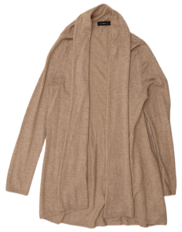 Zara Womens Longline Open Cardigan Sweater UK 16 Large Beige Viscose