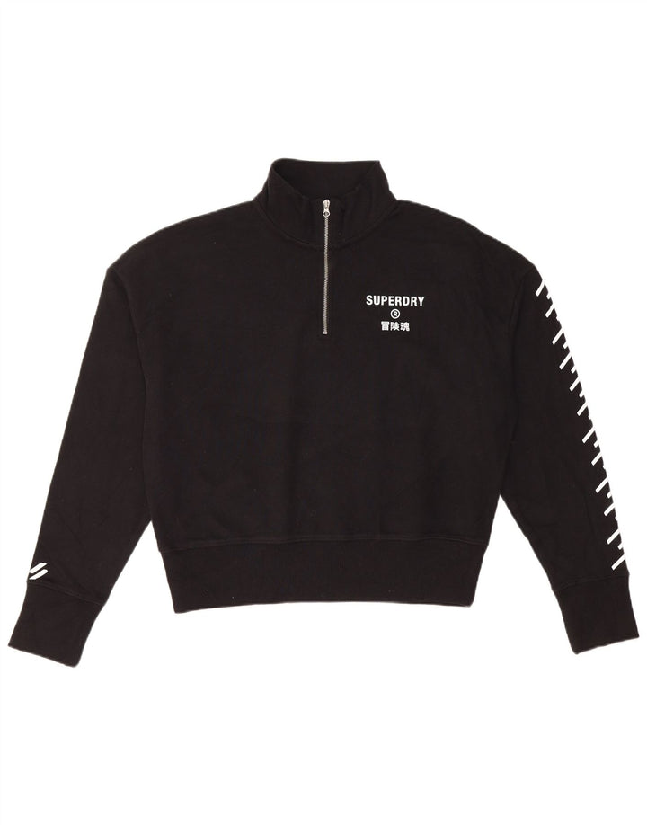 Superdry Womens Crop Graphic Zip Neck Sweatshirt Jumper UK 12 Medium Black