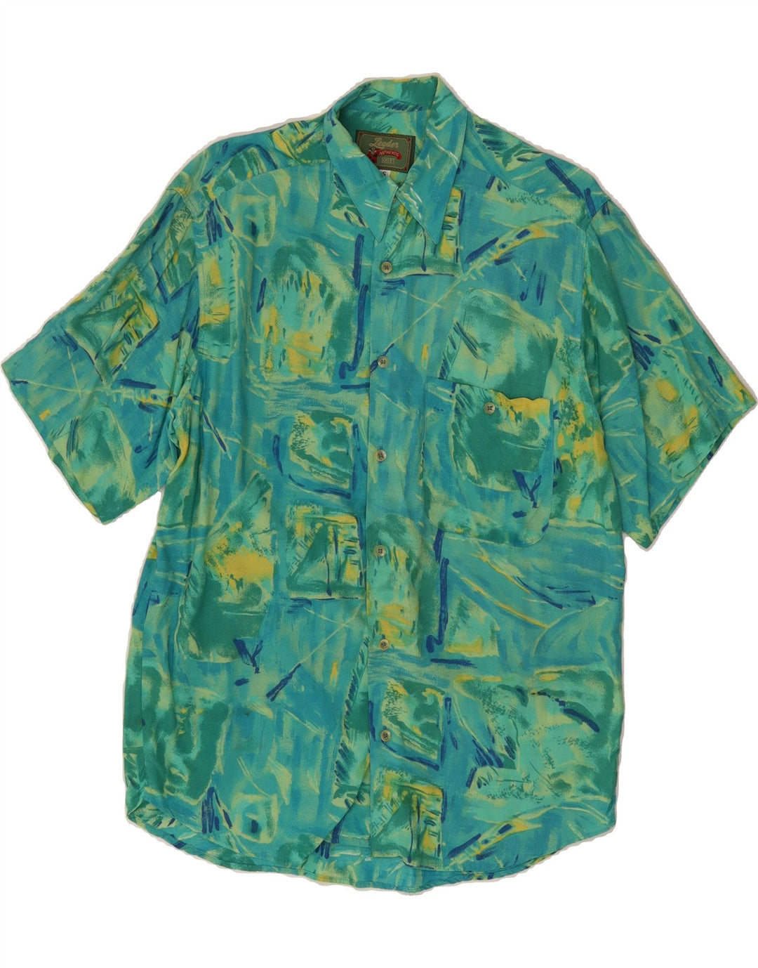 LEADER Mens Short Sleeve Shirt Small Green Patchwork Viscose Vintage Leader and Second-Hand Leader from Messina Hembry 