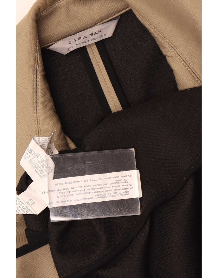 Zara Mens Double Breasted Coat UK 36 Small Beige Polyester