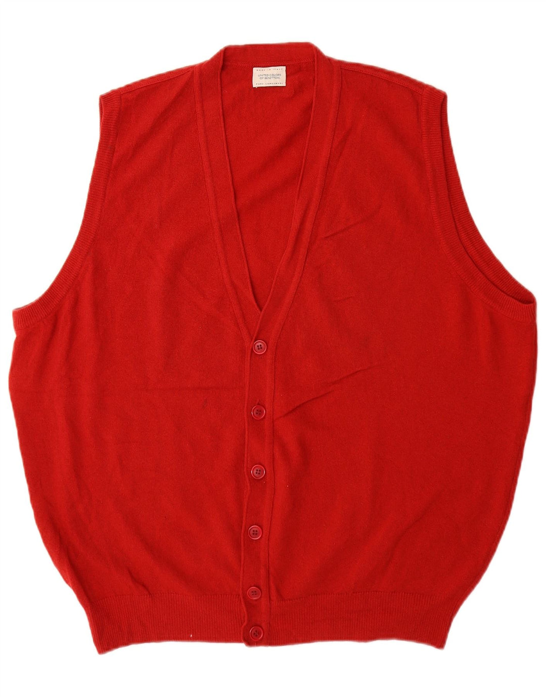 Benetton Mens Sleeveless Cardigan Sweater Large Red Wool