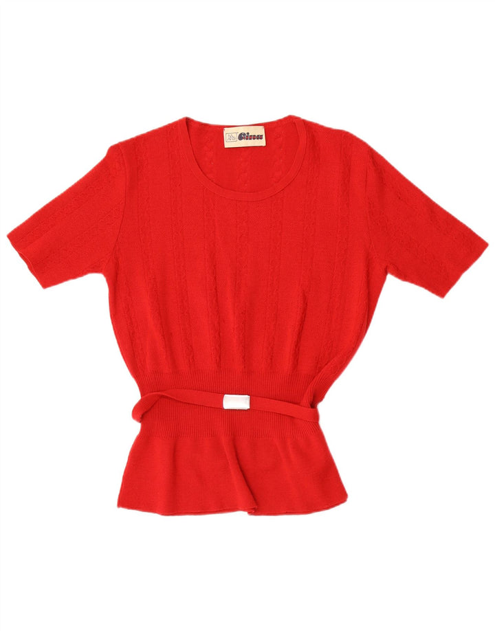 Lebole Womens Short Sleeve Crew Neck Jumper Sweater UK 14 Medium Red Wool