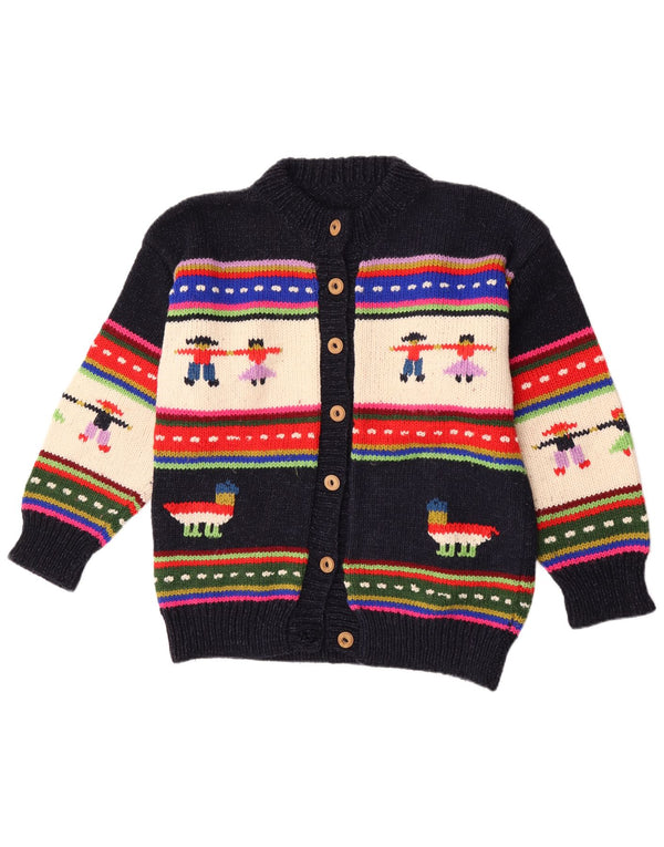 Vintage Womens Graphic Cardigan Sweater UK 14 Large Navy Blue Striped