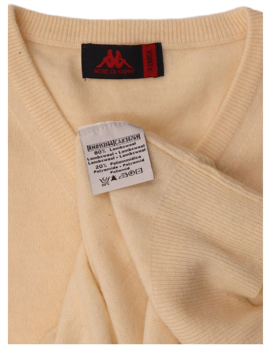 Kappa Mens V-Neck Jumper Sweater XL Off White Lambswool