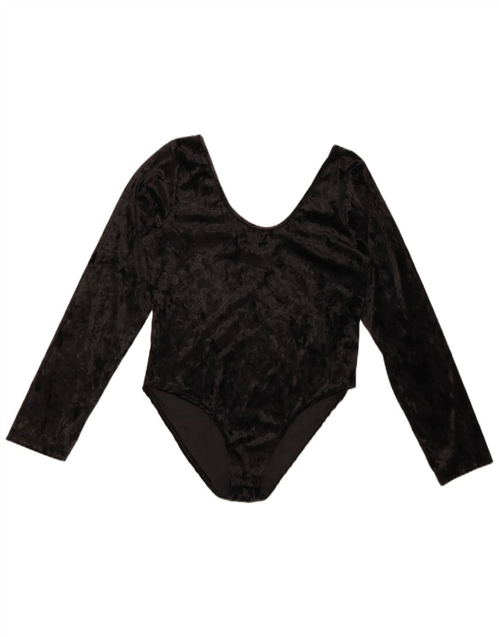 VINTAGE Womens Velour Long Sleeve Bodysuit UK 10 Small Black Polyester