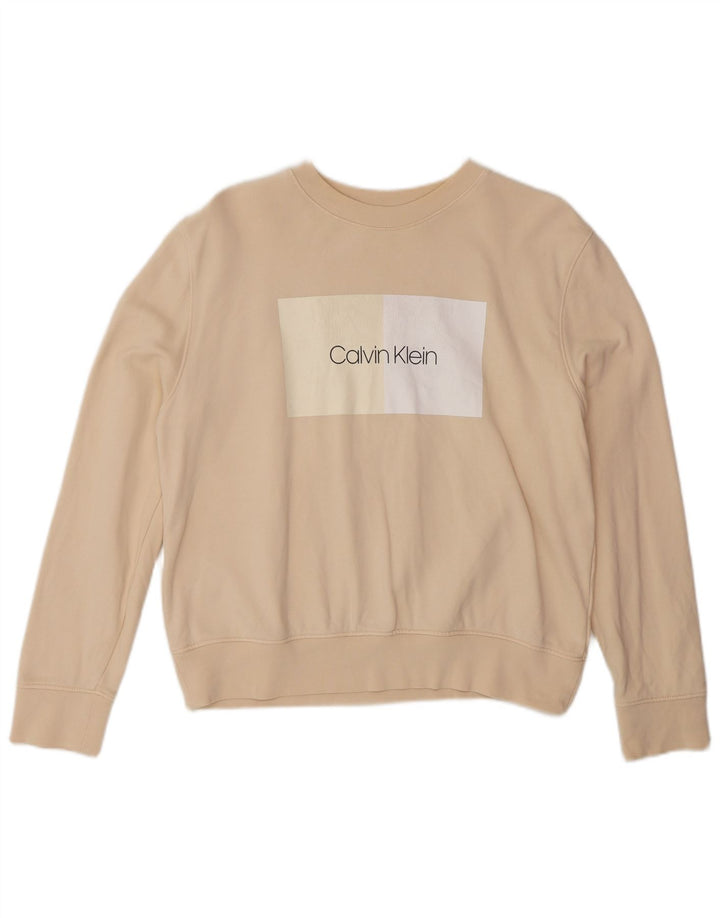 Calvin Klein Womens Graphic Oversized Sweatshirt Jumper UK 10 Small Beige