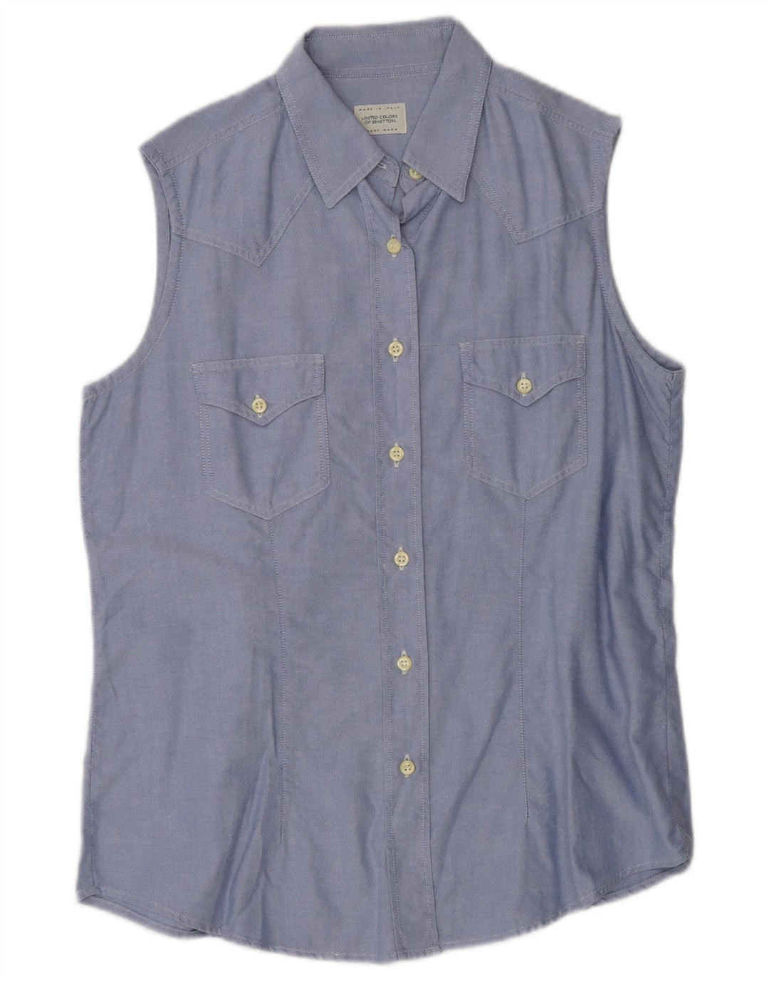 BENETTON Womens Sleeveless Shirt IT 46 Large Blue Cotton