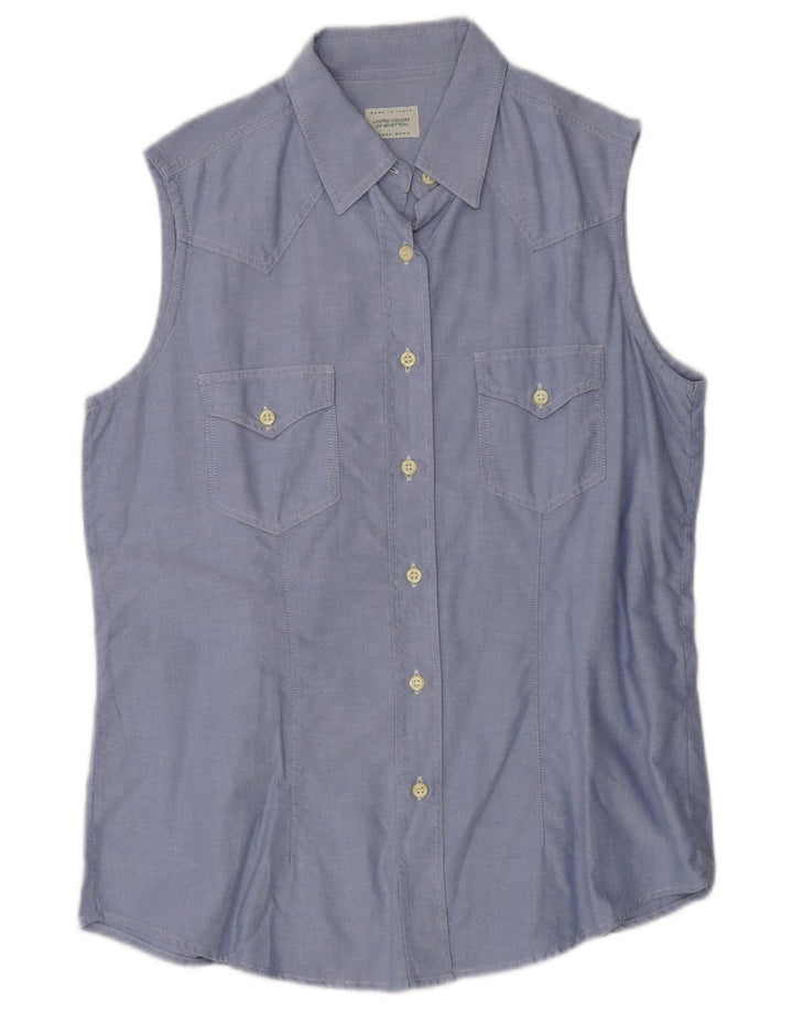 BENETTON Womens Sleeveless Shirt IT 46 Large Blue Cotton