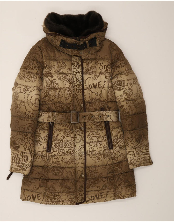 DESIGUAL Womens Abstract Pattern Graphic Padded Coat EU 38 Medium Brown