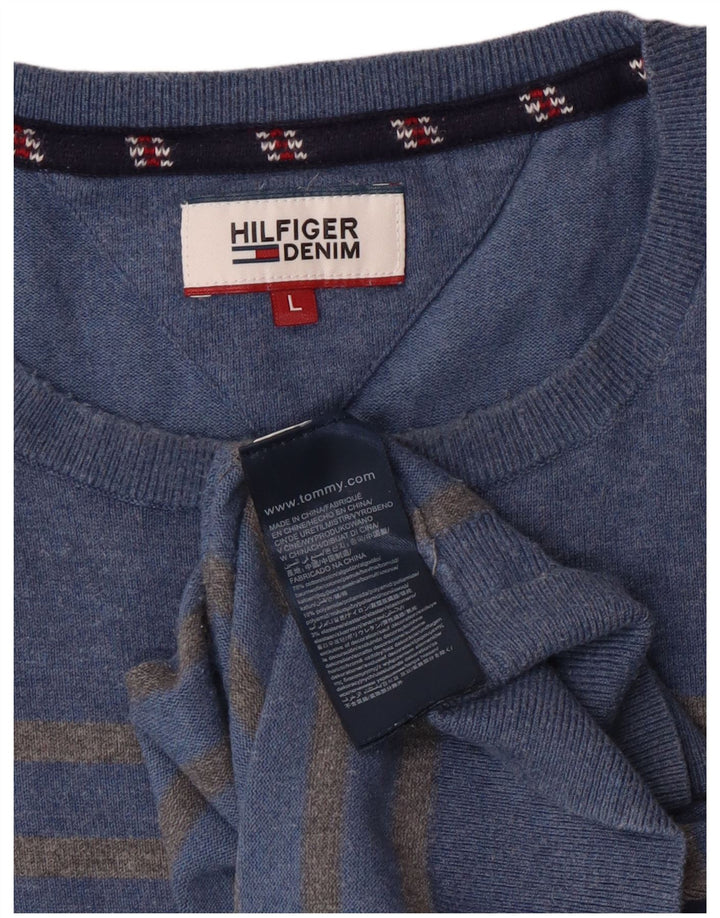 Tommy Hilfiger Mens Crew Neck Jumper Sweater Large Blue Striped Cotton