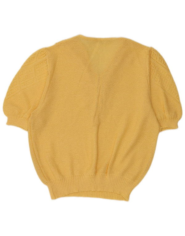 VINTAGE Womens Short Sleeve V-Neck Jumper Sweater UK 16 Large Yellow