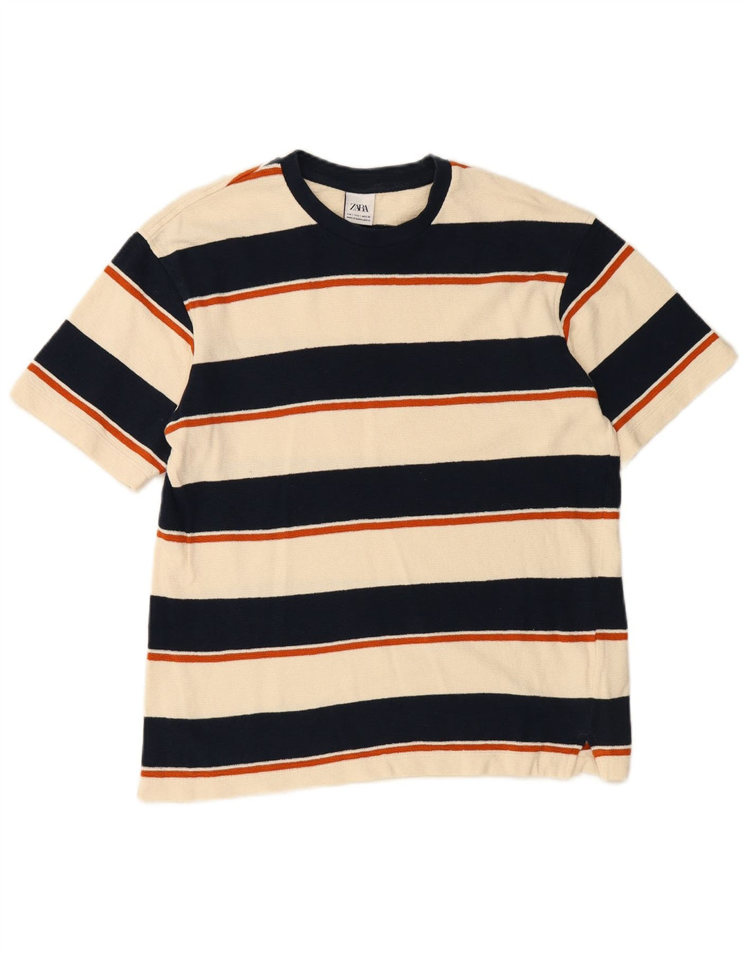ZARA Mens T-Shirt Top Small Beige Striped Cotton
