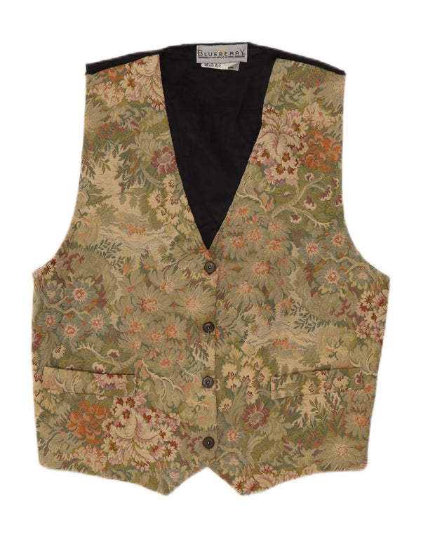 Blue Berry Womens Waistcoat UK 14 Large Khaki Floral Cotton