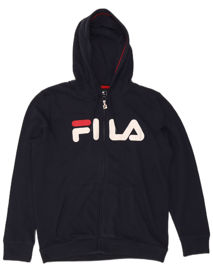 FILA Mens Graphic Zip Hoodie Sweater Large Navy Blue Cotton