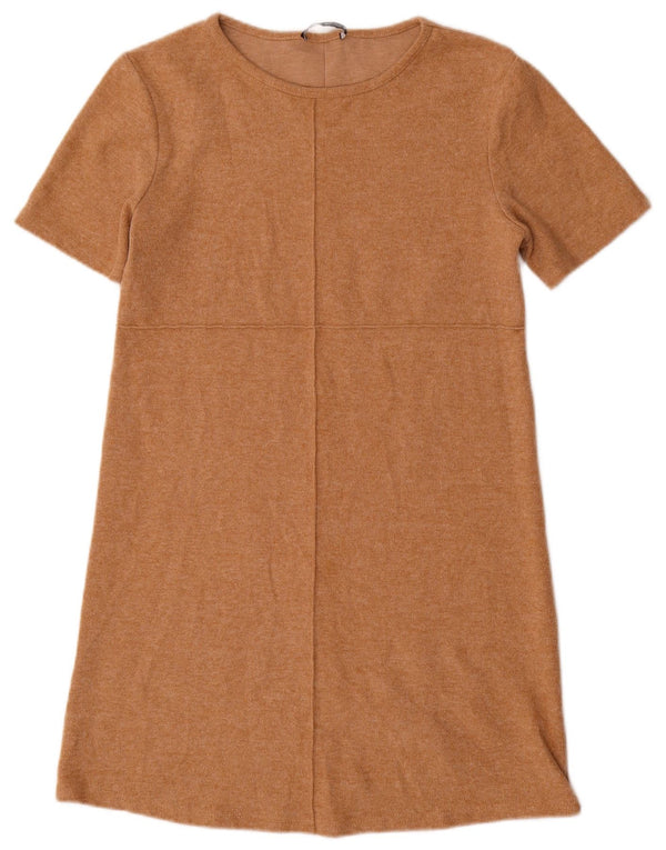 Zara Womens Short Sleeves Shift Dress UK 12 Medium Beige Cotton