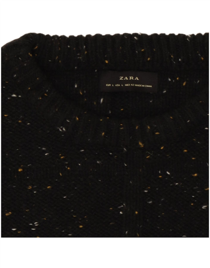 Zara Mens Crew Neck Jumper Sweater Large Black Flecked Cotton