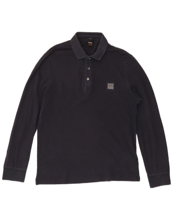 Hugo Boss Mens Long Sleeve Slim Fit Polo Shirt Medium Navy Blue Cotton