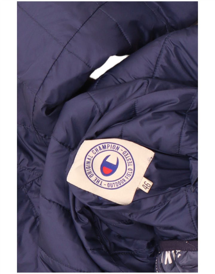 Champion Womens Hooded Padded Jacket IT 46 Large Navy Blue Patchwork