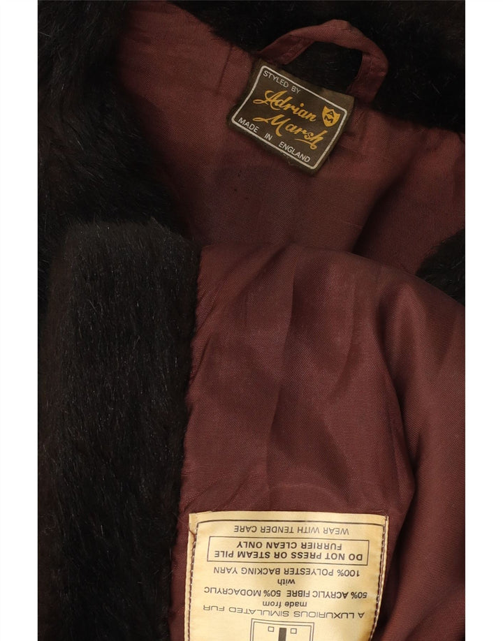 VINTAGE Womens Faux Fur Double Breasted Coat UK 10 Small Black Acrylic