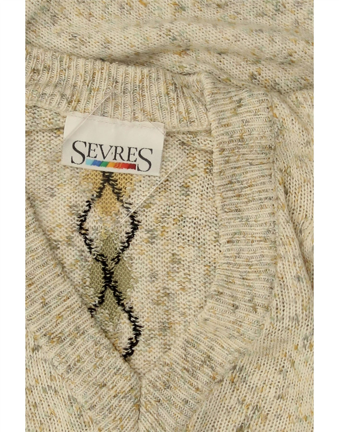 SEVRES Mens V-Neck Jumper Sweater IT 48 Medium Beige Argyle/Diamond Cotton