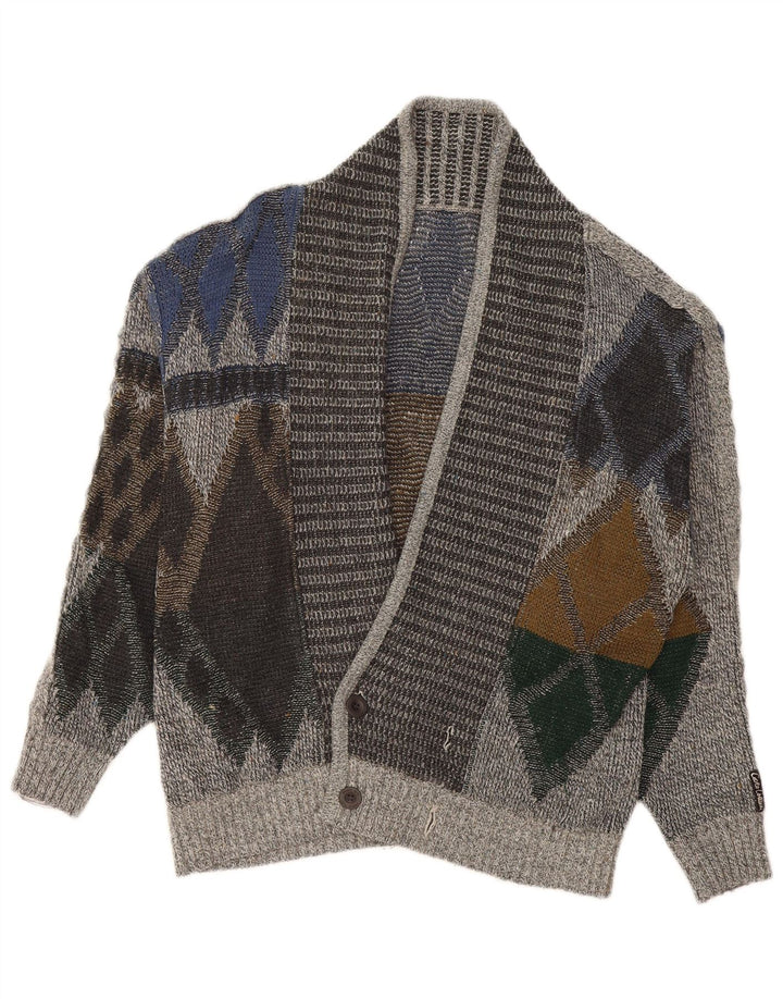 Vintage Mens Cardigan Sweater IT 50 Medium Grey Argyle/Diamond