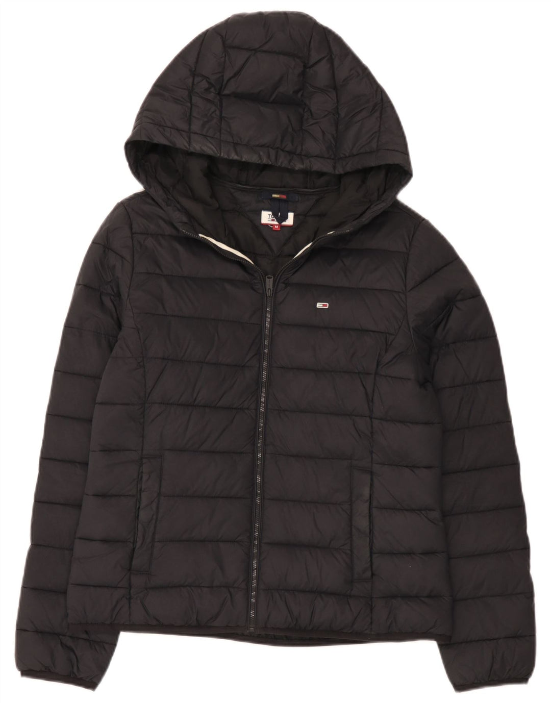 Tommy Hilfiger Womens Hooded Padded Jacket UK 14 Medium Black Polyamide