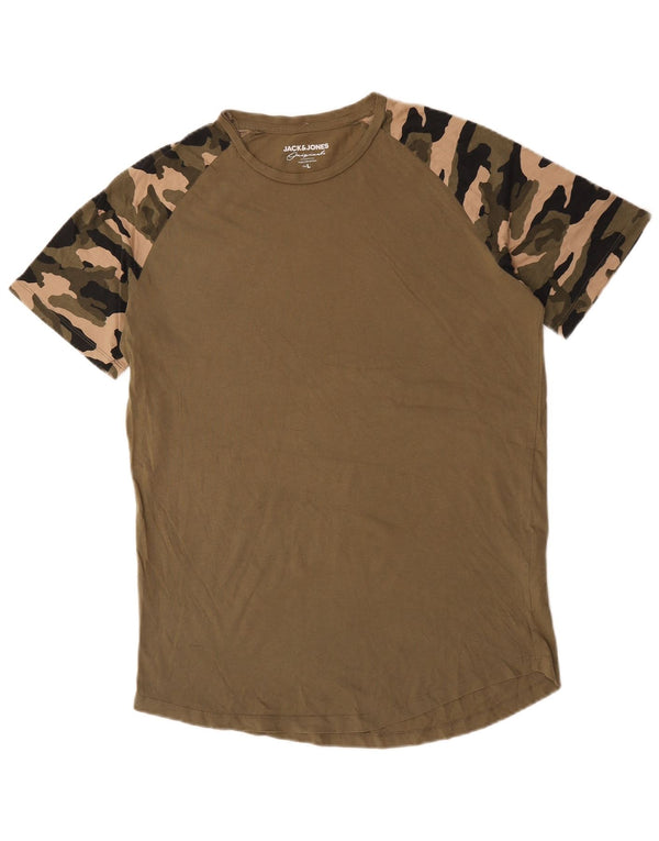 Jack & Jones Mens T-Shirt Top Large Khaki Camouflage Cotton