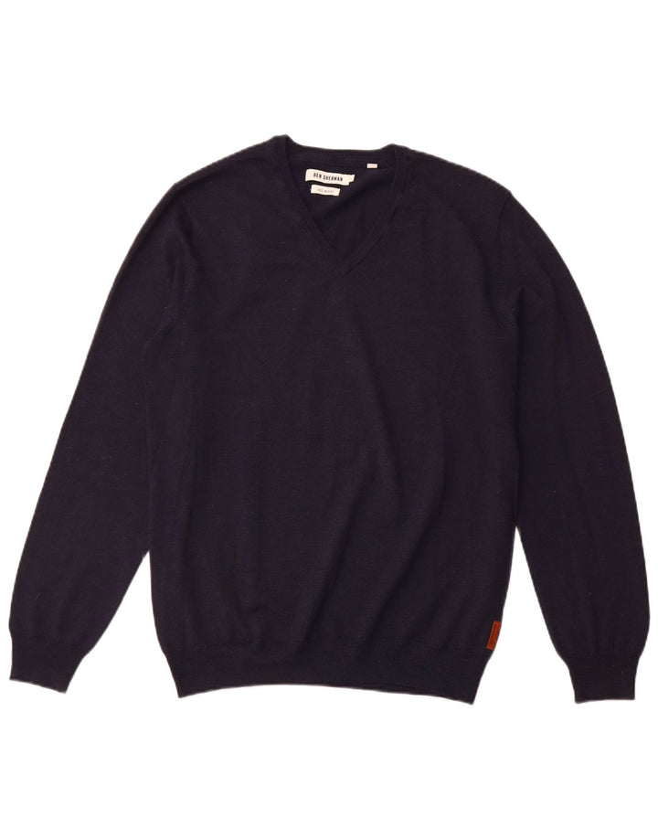 BEN SHERMAN Mens V-Neck Jumper Sweater Large Navy Blue Merino Wool