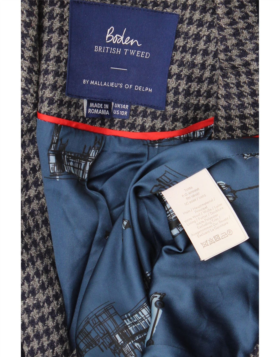 BODEN Womens 1 Button Blazer Jacket UK 14 Large Navy Blue Houndstooth Wool