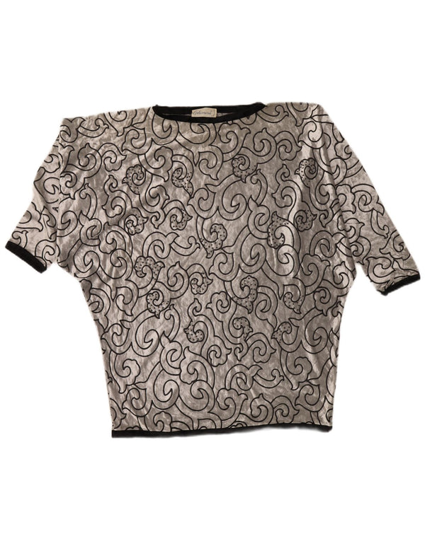 VINTAGE Womens Batwing Velvet Tunic Top UK 22 3XL Silver Geometric Viscose