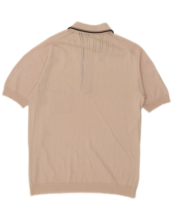 Vintage Mens Short Sleeve Polo Neck Jumper Sweater Medium Beige Striped