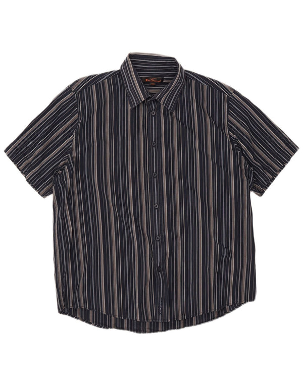 Ben Sherman Mens Short Sleeve Shirt Large Navy Blue Striped Cotton